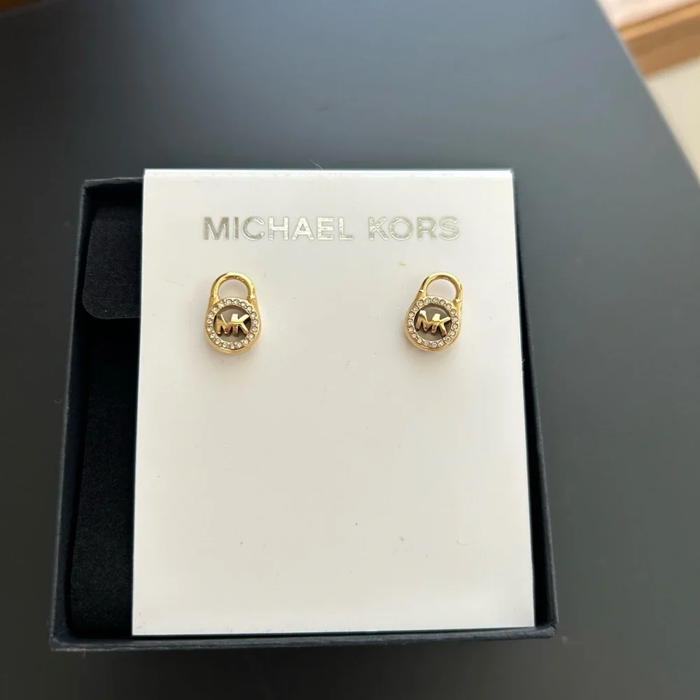 Michael Kors Gold Padlock Pave Crystal Stud Earrings NWT